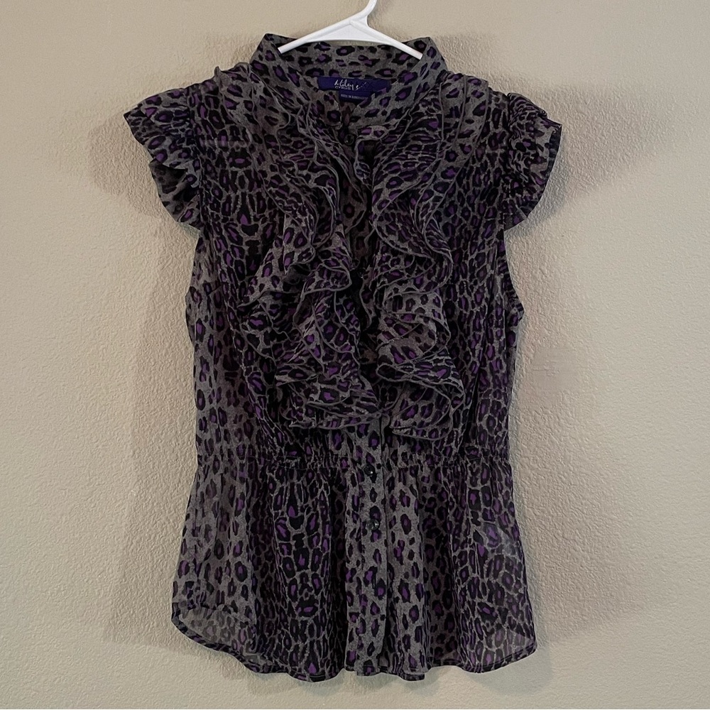 Y2K Miley Cyrus Max Azria Purple Leopard Ruffle Blouse